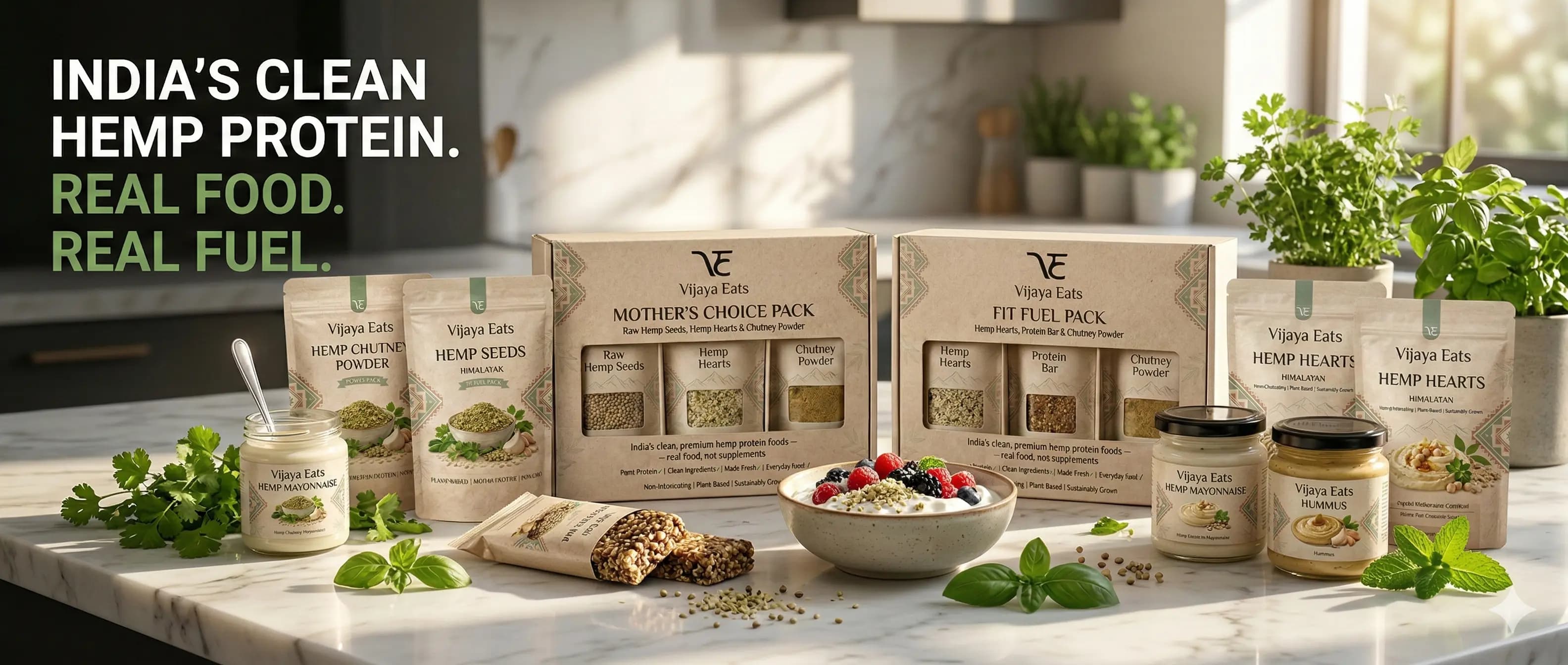 Vijaya Eats hemp food products on a kitchen counter